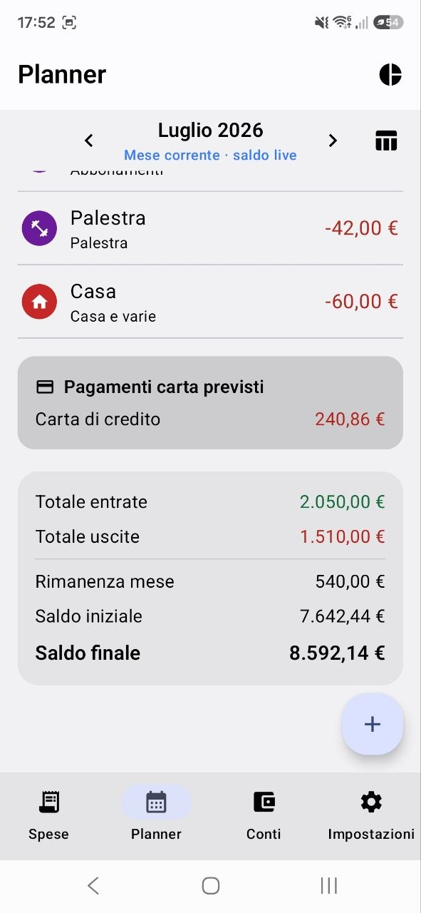 MyBudgetPlanner Planner screen: budget entries for the month with total income, expenses, remaining amount and closing balance